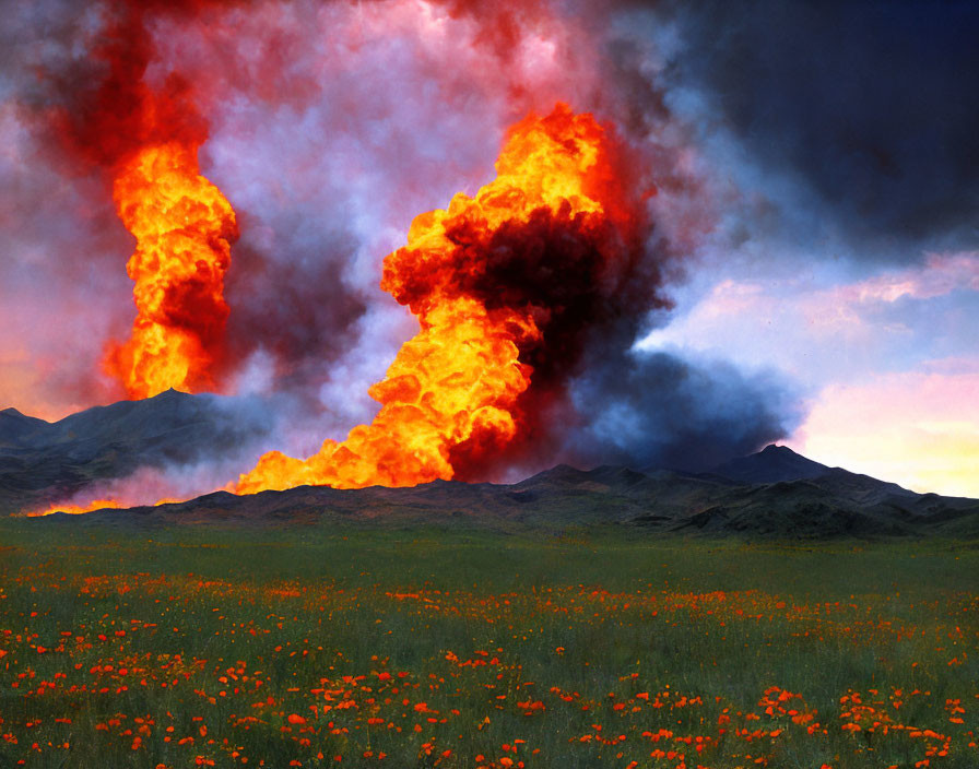 Explosion in Red Poppy Field with Mountains in Background