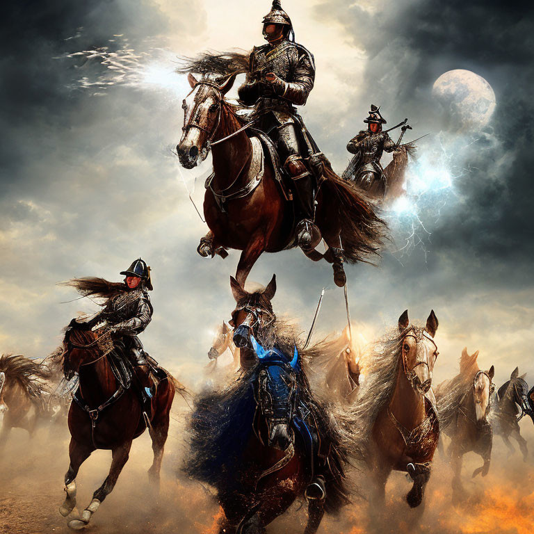 Armored knights on horseback in dramatic battlefield under stormy sky
