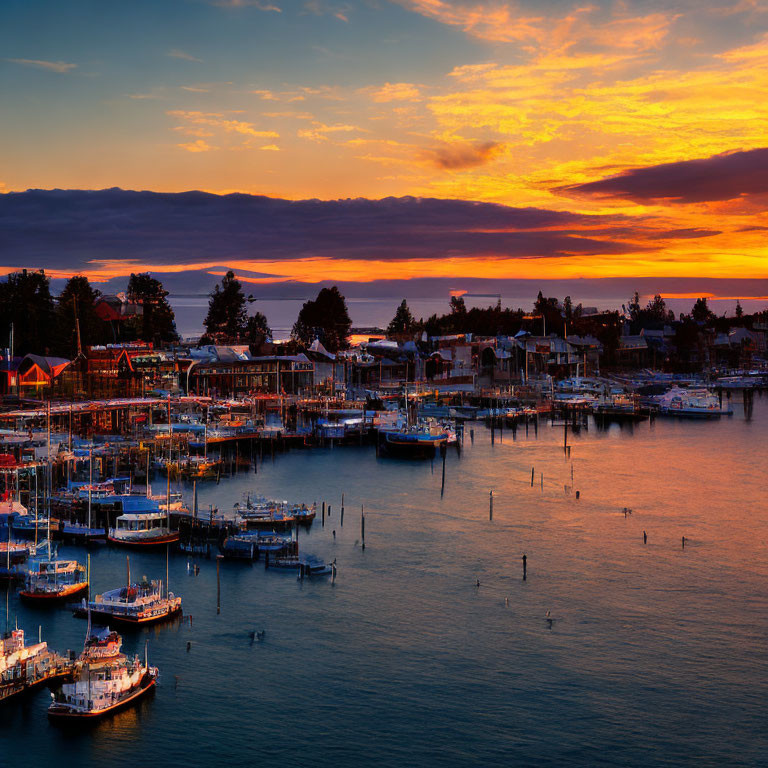 Picturesque harbor at sunset with boats and illuminated buildings