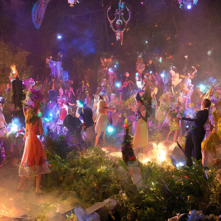 Colorful Costumed People Dancing Outdoors at Night among Enchanting Lights