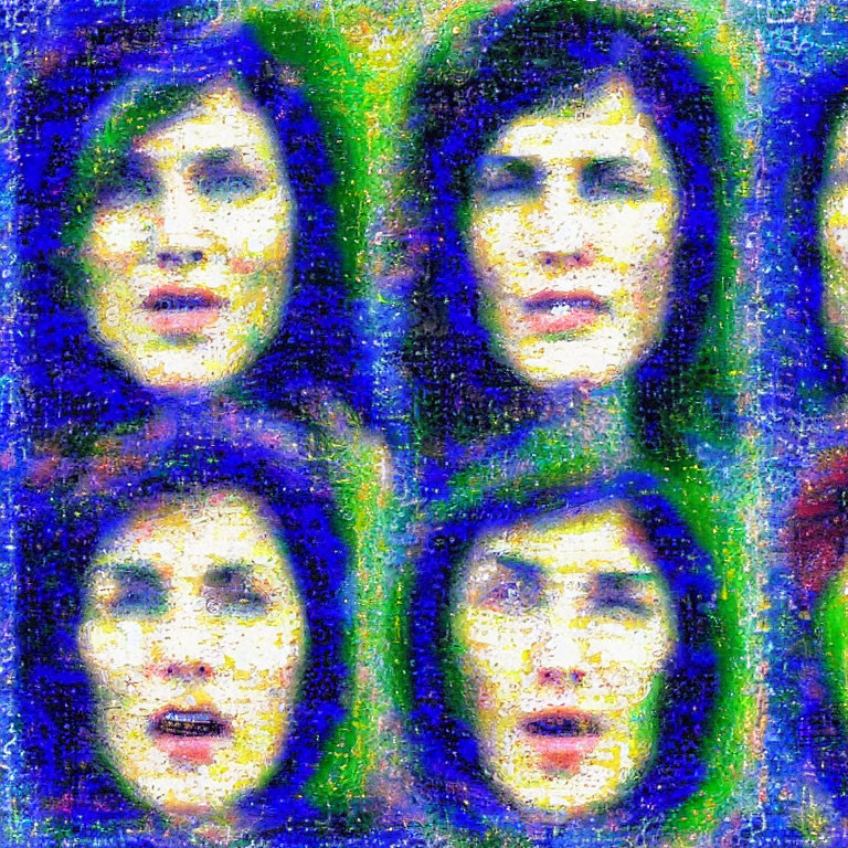Abstract Pixelated Image of Distorted Faces in Blue, Green, and Yellow