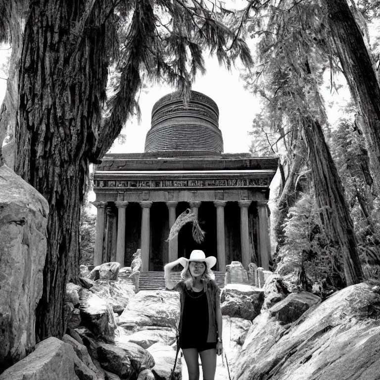 Monochrome image of smiling woman in hat in forest with rotunda & tall trees