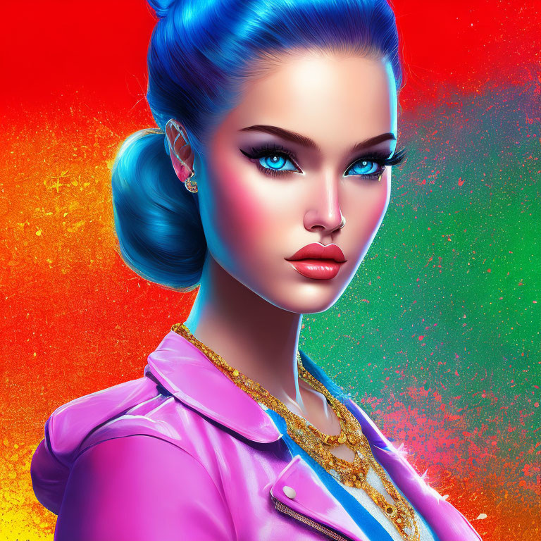 Vibrant digital artwork: woman with blue eyes, high ponytail, pink jacket, colorful backdrop