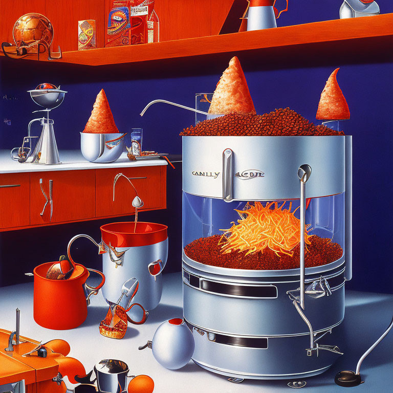 Surreal kitchen with orange conical piles and blue-red kitchenware