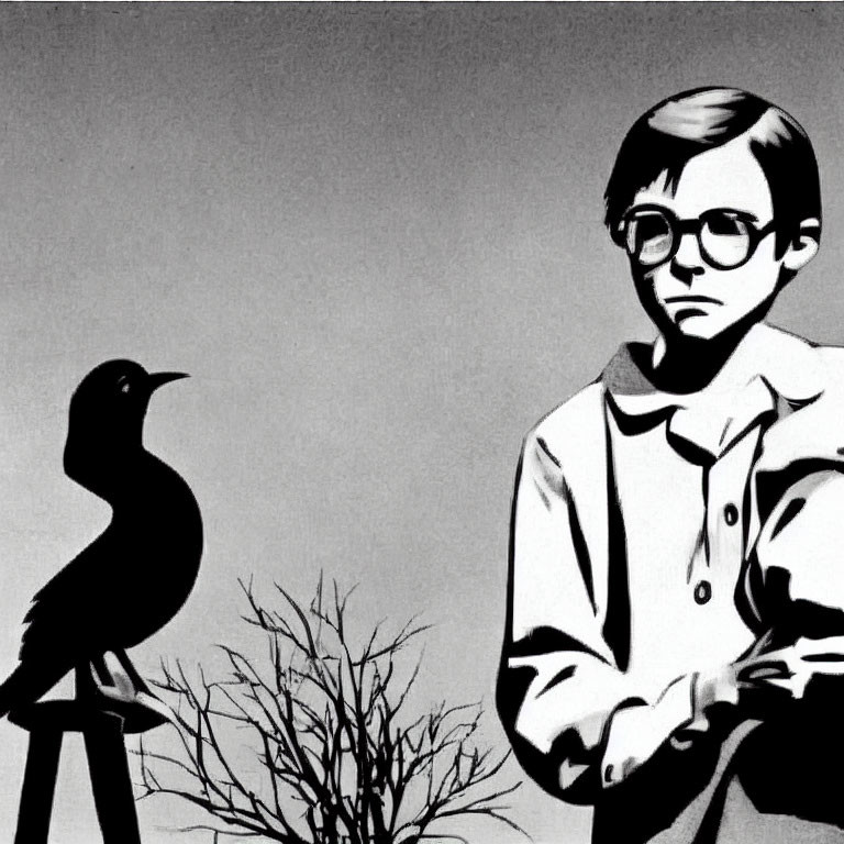 Monochrome photo of boy with glasses and crow by leafless tree