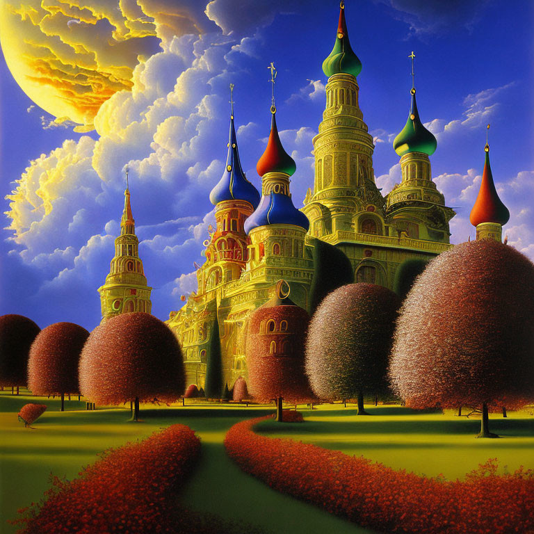 Colorful Fantasy Landscape with Onion-Domed Towers and Moonlit Sky