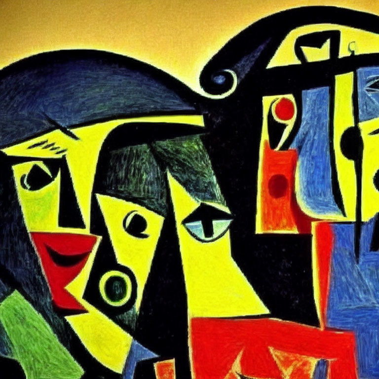 Vibrant abstract painting with geometric human-like figures in yellow, black, blue, and red