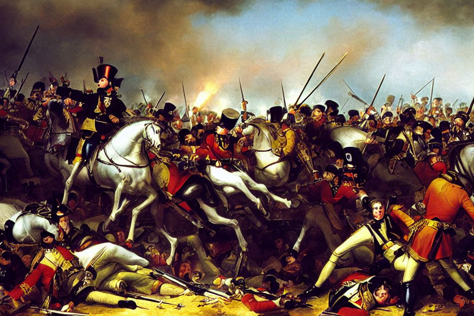 Napoleonic battle painting: Soldiers on horses clash in chaotic scene