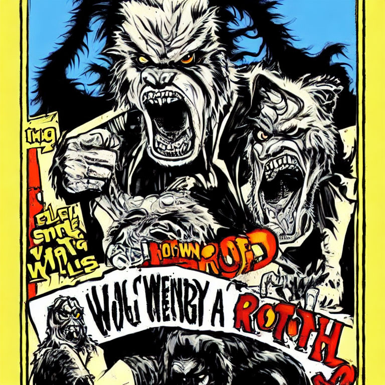 Detailed Graphic of Three Ferocious Werewolves with Yellow Border