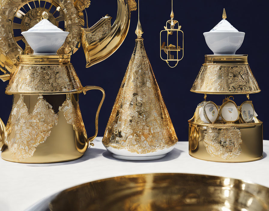 Golden Tableware with Lace Patterns on Navy Blue Background