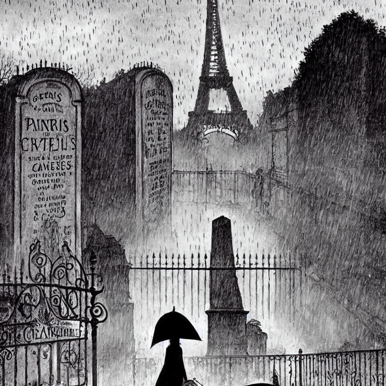 Monochrome rainy Parisian cemetery scene with Eiffel Tower silhouette