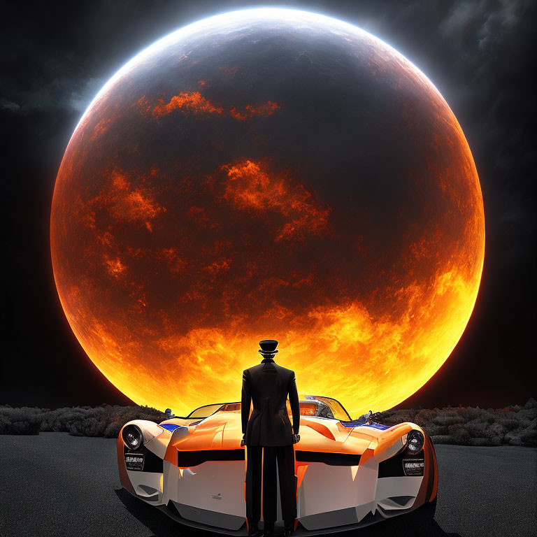 Person in hat between two cars under huge red moon in dark sky