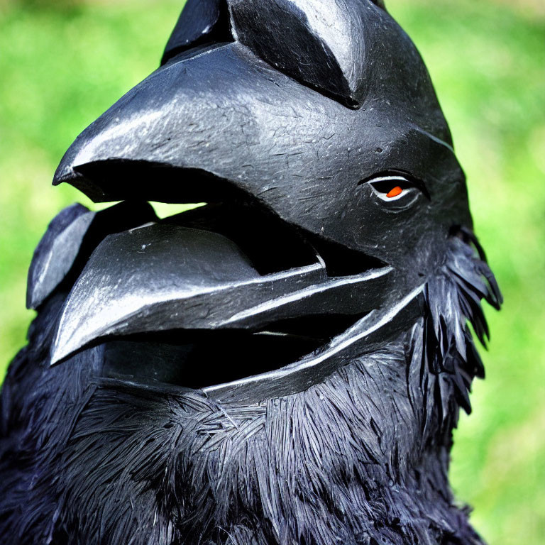 Detailed Raven Mask with Orange Eye on Green Background