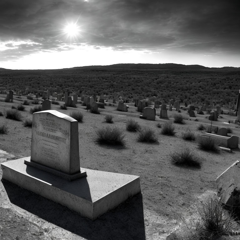 Monochrome cemetery scene with scattered tombstones under bright sun