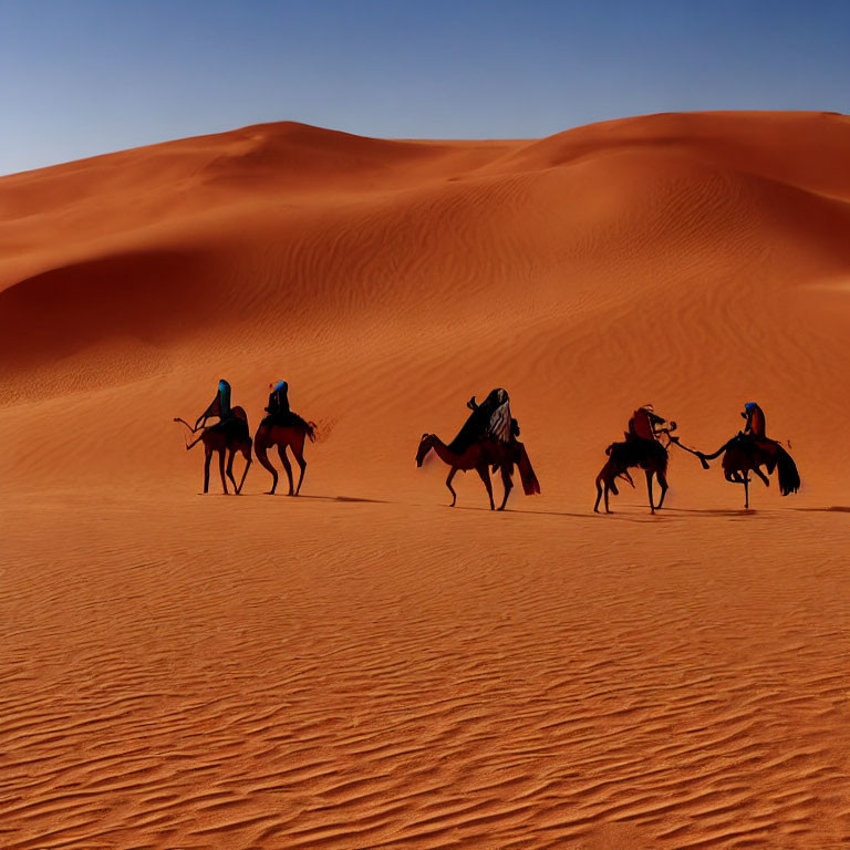 Camel caravan crossing vast desert with sand dunes under clear sky