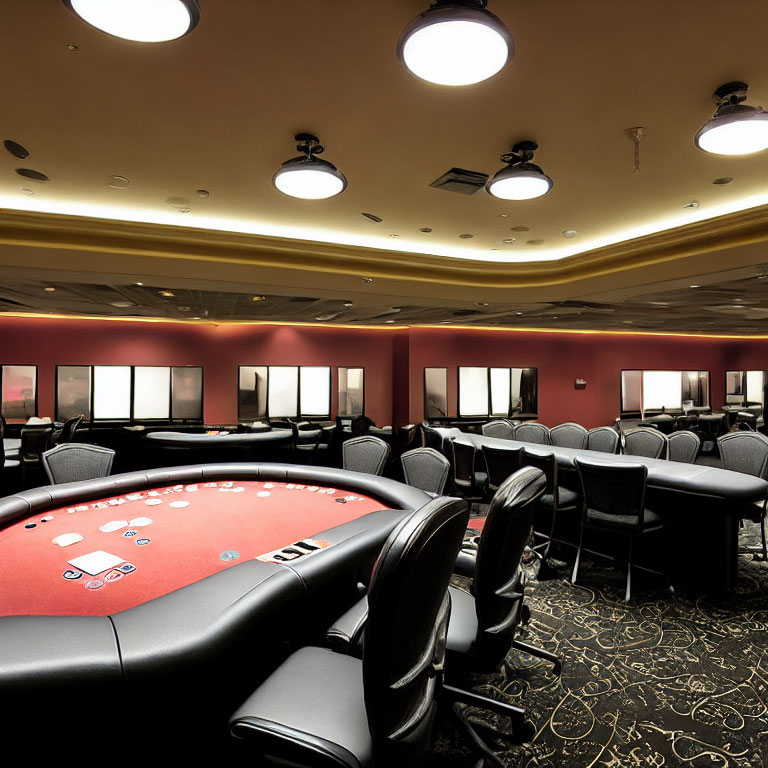 Luxurious Empty Casino Room with Poker Tables and Red/Gold Interior