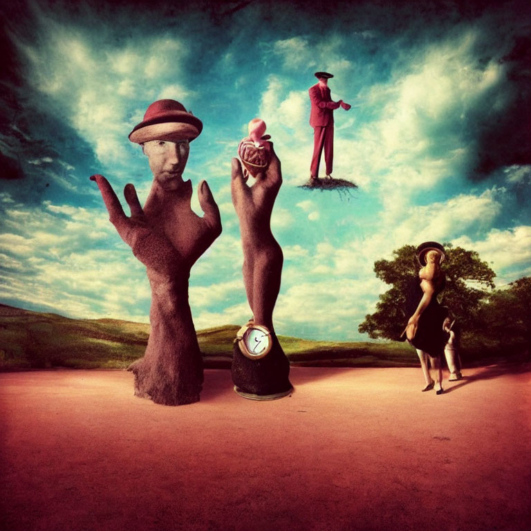 Surrealistic scene: large hands, apple, clock, elongated figures with hats in pastoral