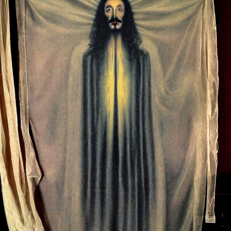 Figure with Long Dark Hair and Mustache in Yellow Light Against Draped Background