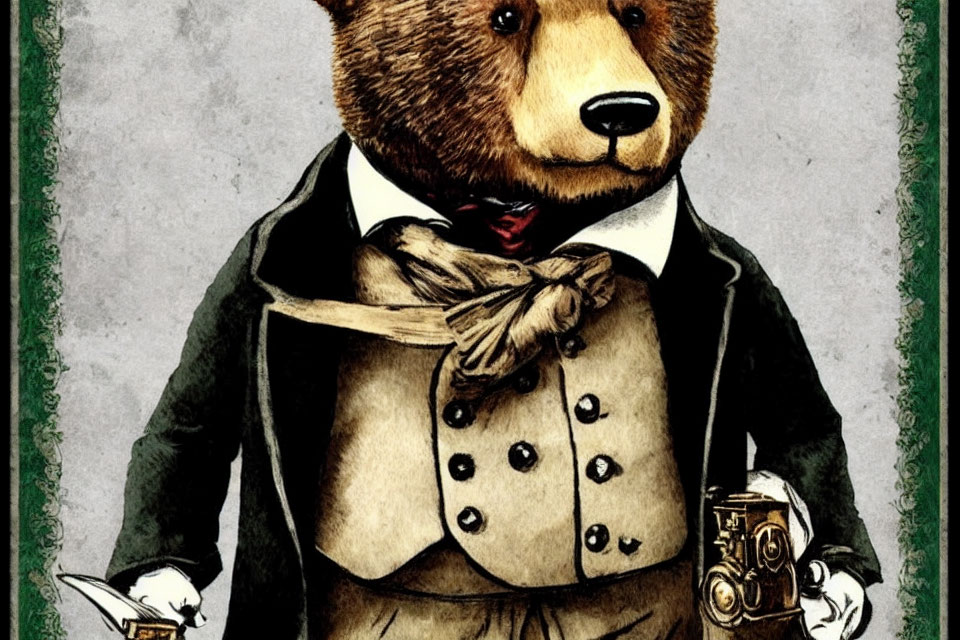 Anthropomorphic bear in Victorian attire with vintage camera