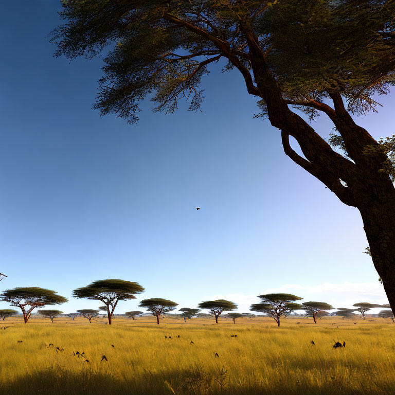 Tranquil savannah landscape with tall trees, golden grass, and bird in distance