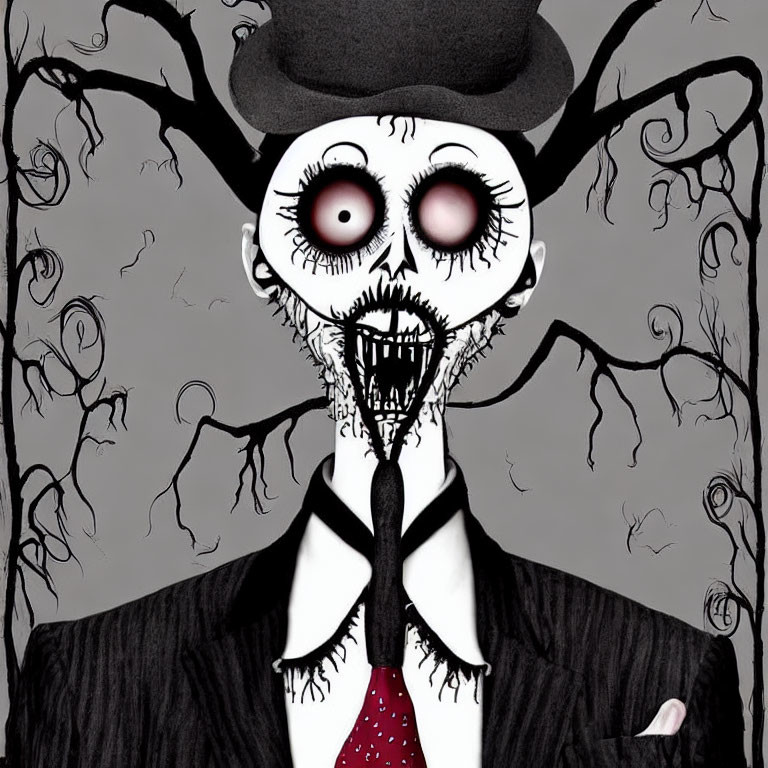 Character with skull-like face, red eyes, top hat, suit, and tie illustration.