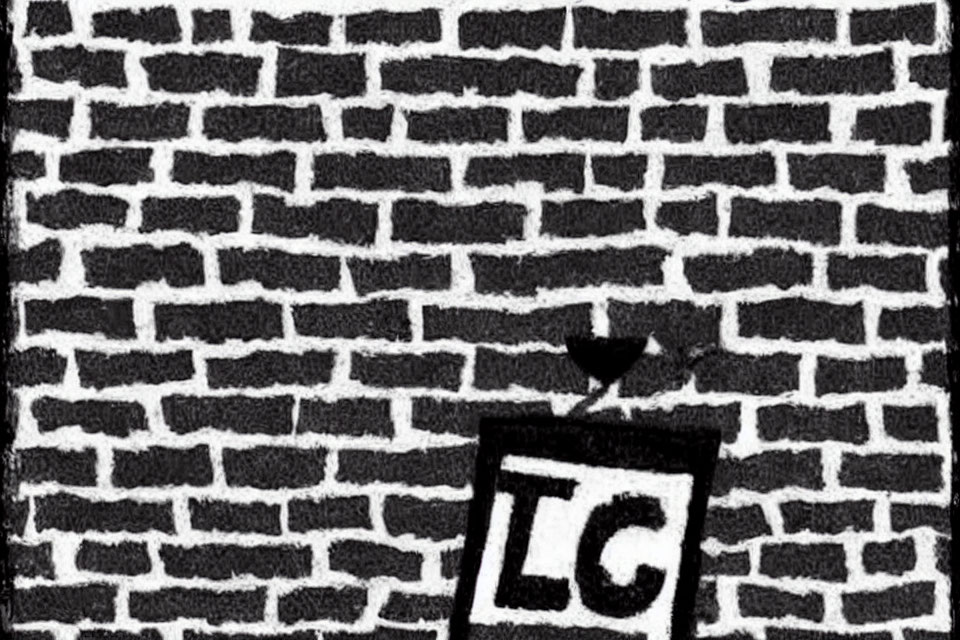 Grayscale brick wall texture with small dark "LC" sign