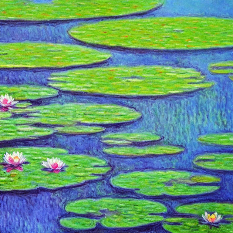 Colorful impressionist painting of pink lotus flowers and green lily pads on textured blue water