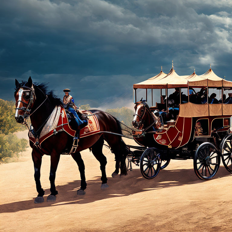 Traditional horse-drawn carriage with passengers on dirt road under cloudy sky