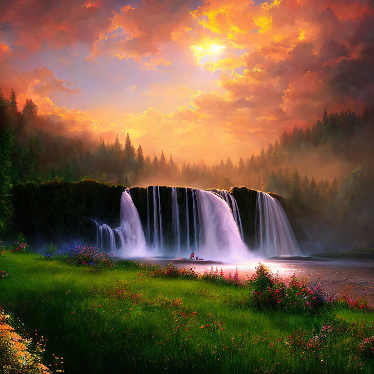 Majestic waterfall in lush forest at sunset