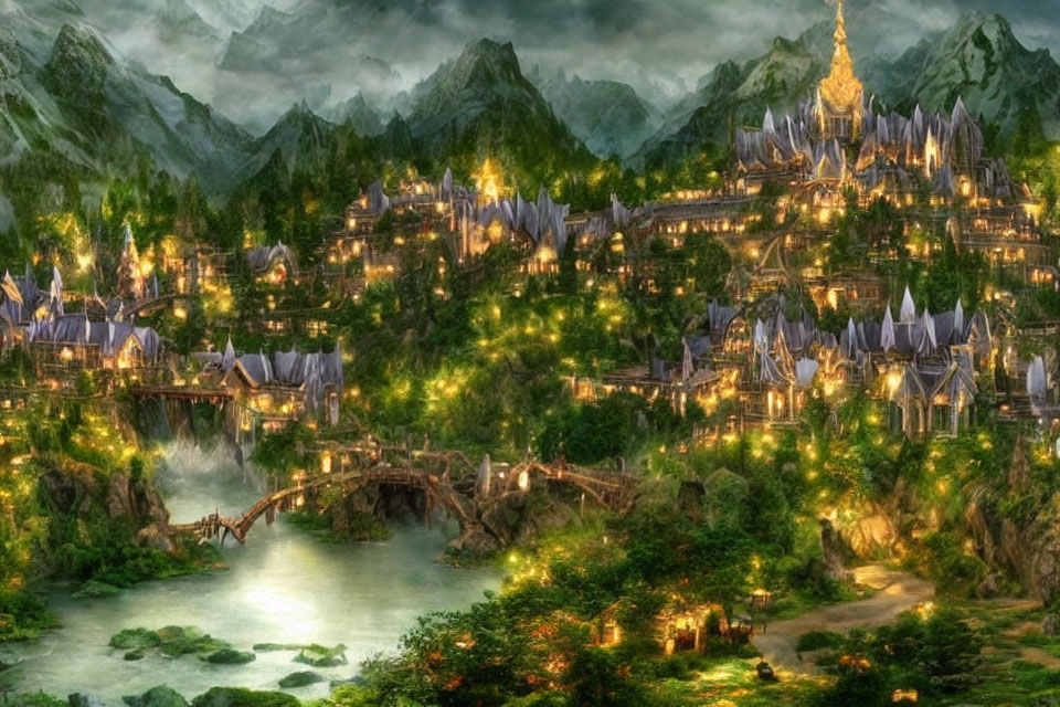 Majestic castle on hill in fantasy landscape surrounded by illuminated houses