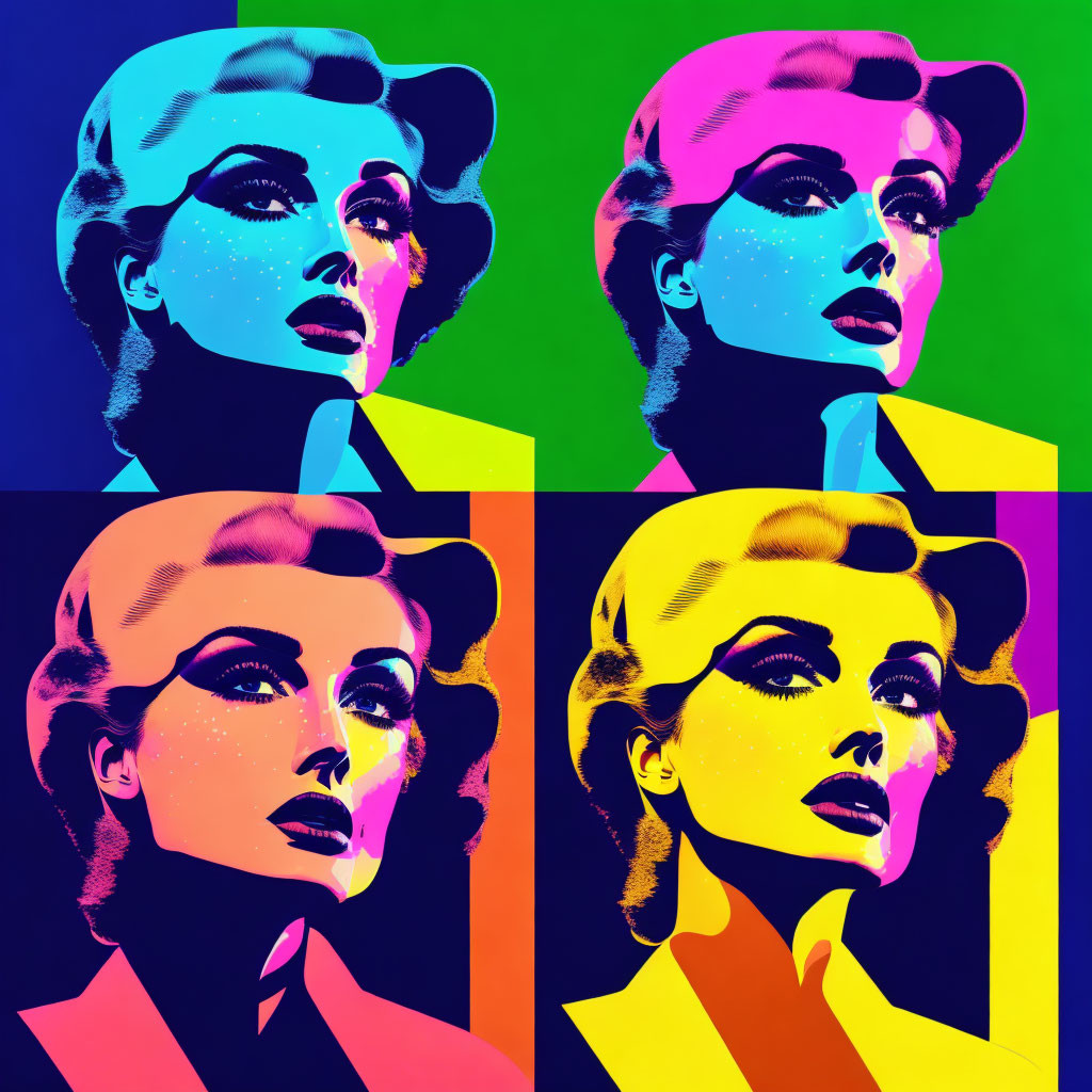 Colorful Pop Art Style Woman Portrait in Four Panels with Neon Backgrounds