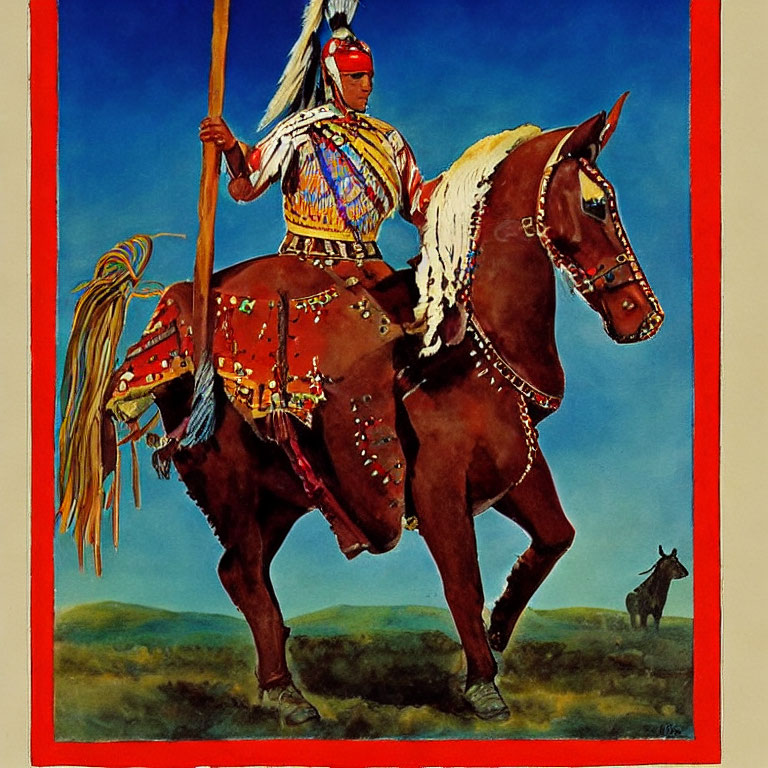Native American on Horseback with Spear Under Blue Sky