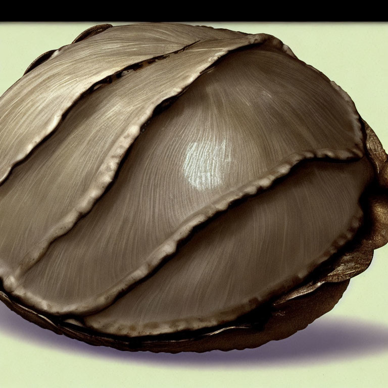 Detailed Close-Up of Closed Scallop Shell with Concentric Ridges in Brown and Cream