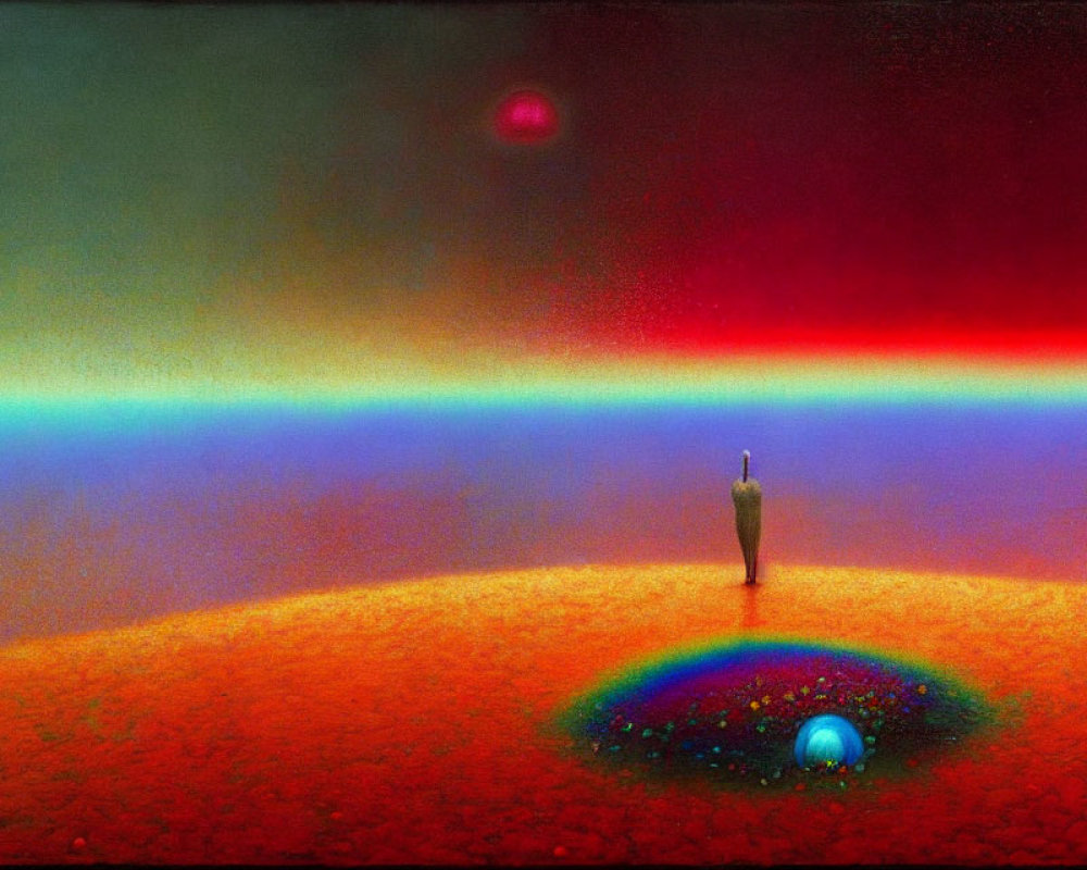 Colorful surreal landscape with figure and bubble on textured ground