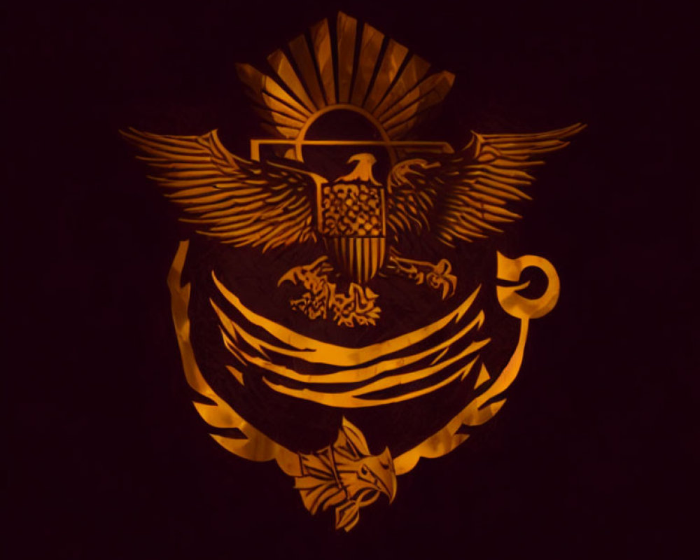 Stylized eagle emblem with shield in warm golden tone on dark background