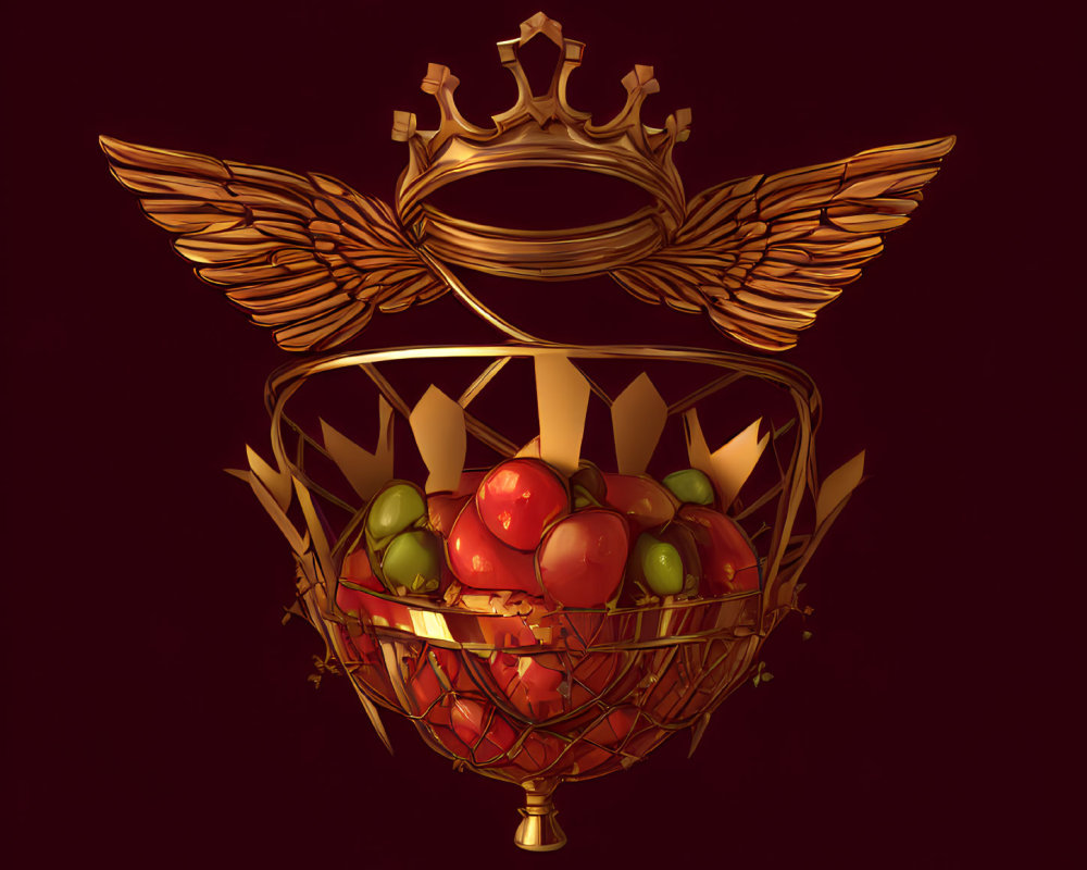Golden Fruit Basket with Crown and Wings on Burgundy Background