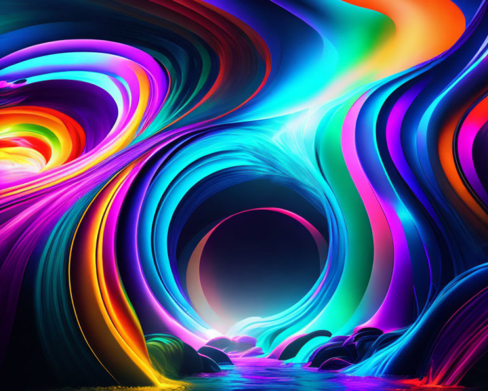 Colorful Abstract Waves Swirling Over Reflective Water