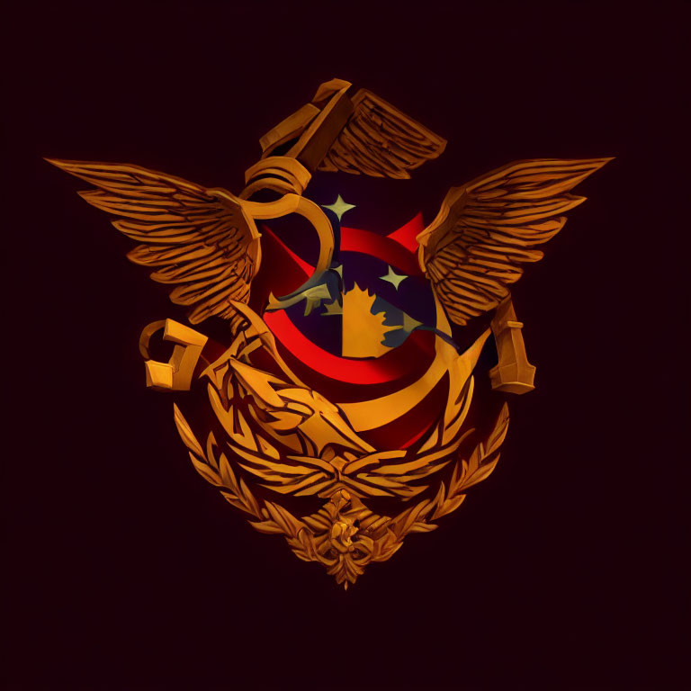Emblem with shield, stars, stripes, eagle, anchors, rope in golden tones on dark background