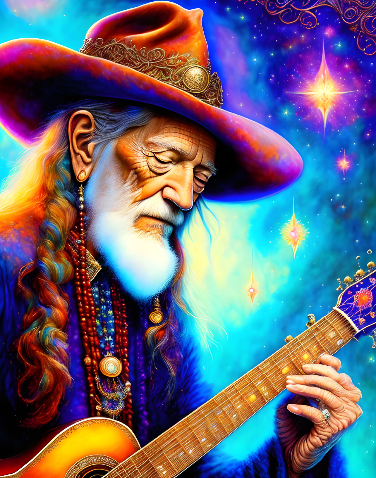 Colorful Cowboy Musician with Guitar in Space-themed Setting