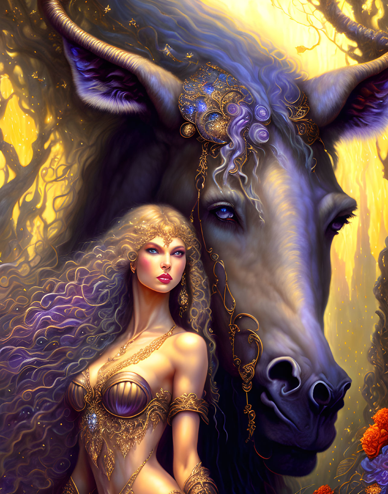 Fantastical image of woman with golden jewelry and mystical unicorn in dreamy background