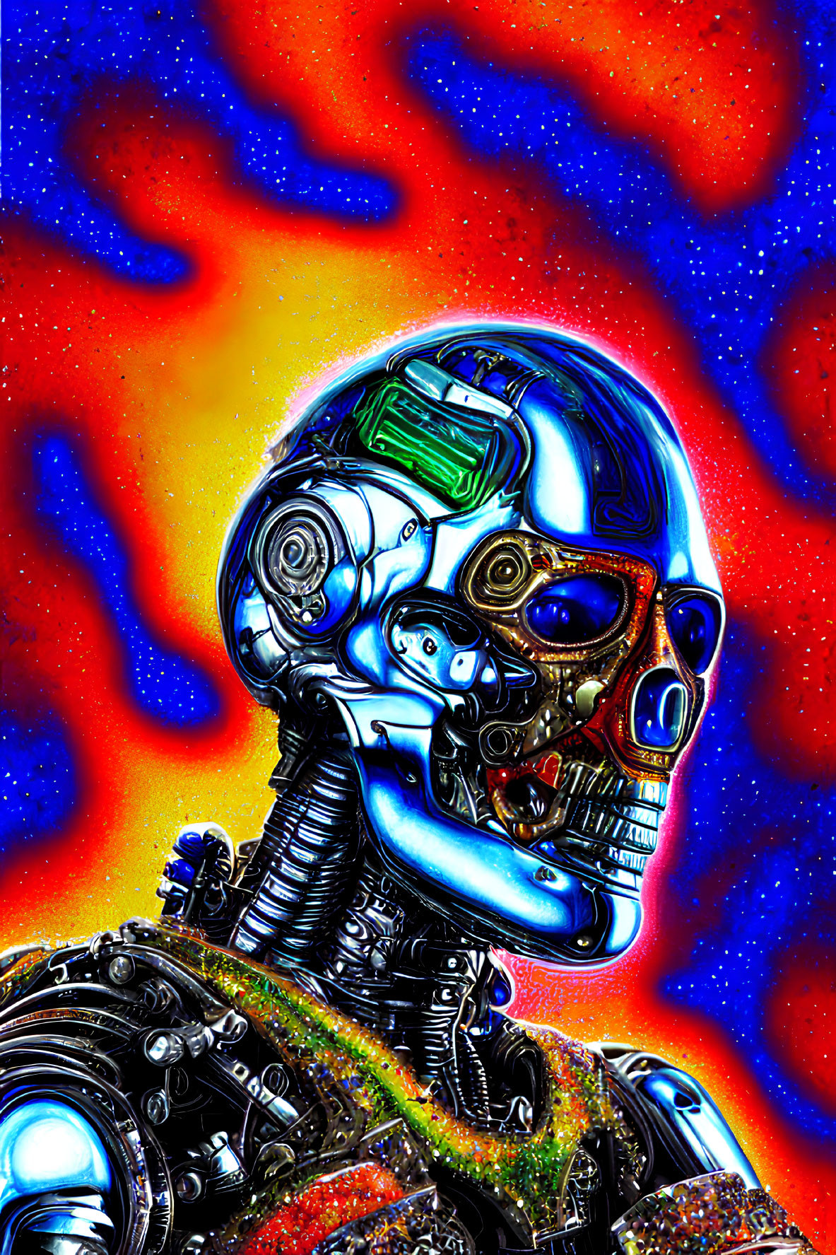 Detailed colorful cyborg illustration with intricate mechanical parts on vibrant cosmic background