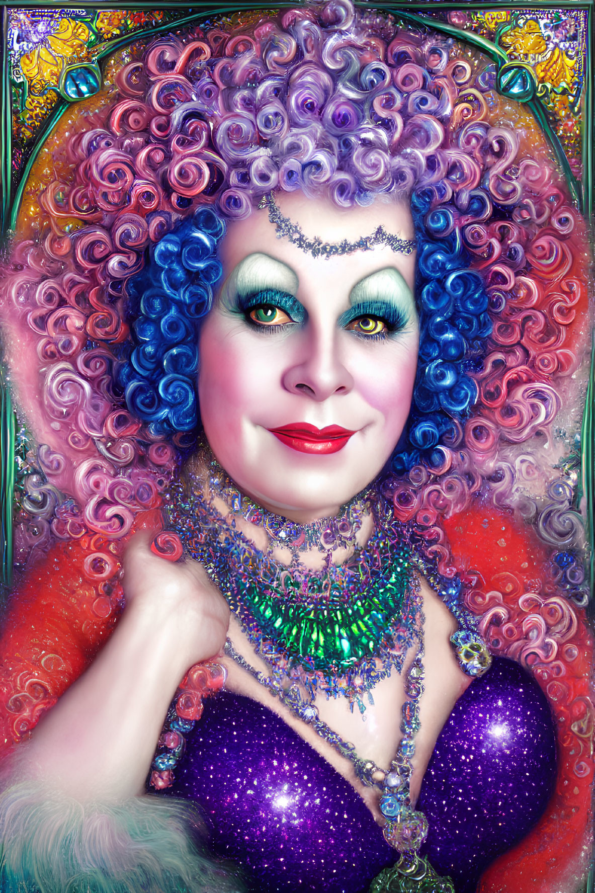 Colorful illustration of woman with curly purple & blue hair, green eyes, ornate jewelry, spark