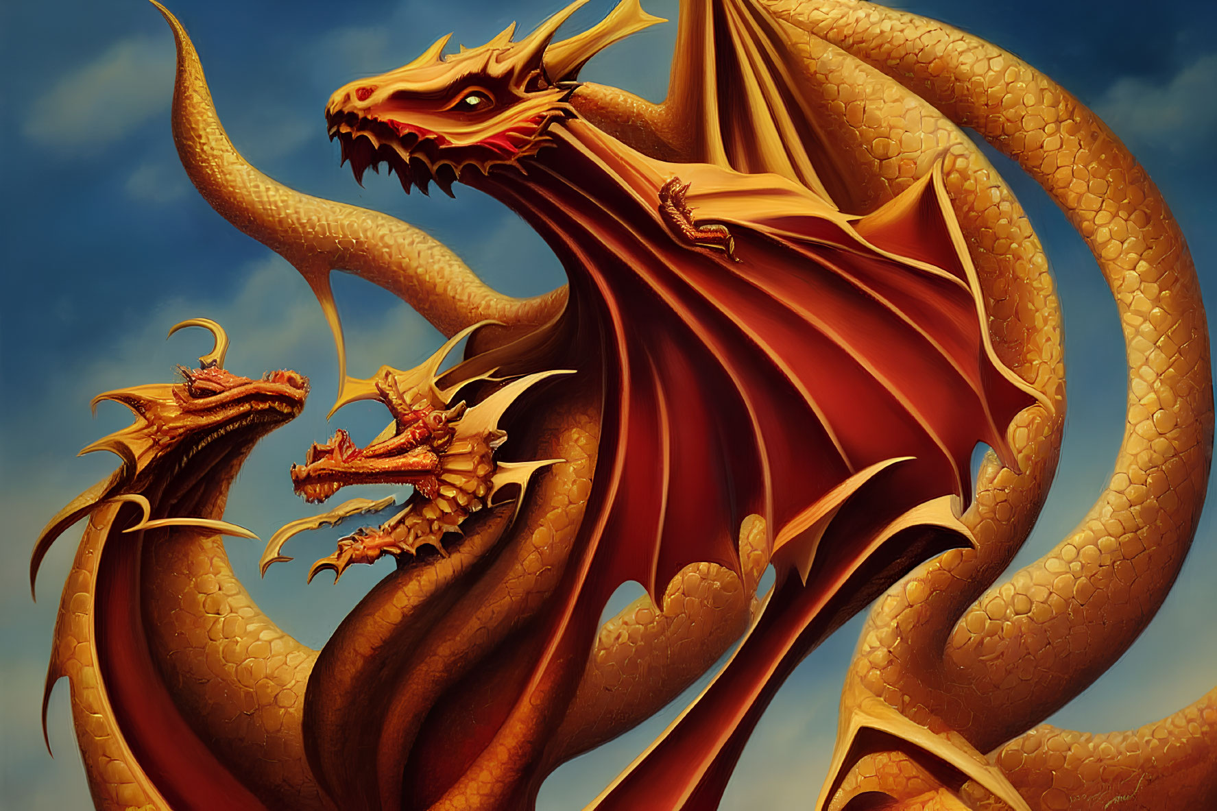 Detailed artwork: Multi-headed dragon with golden scales and orange wings in blue sky.