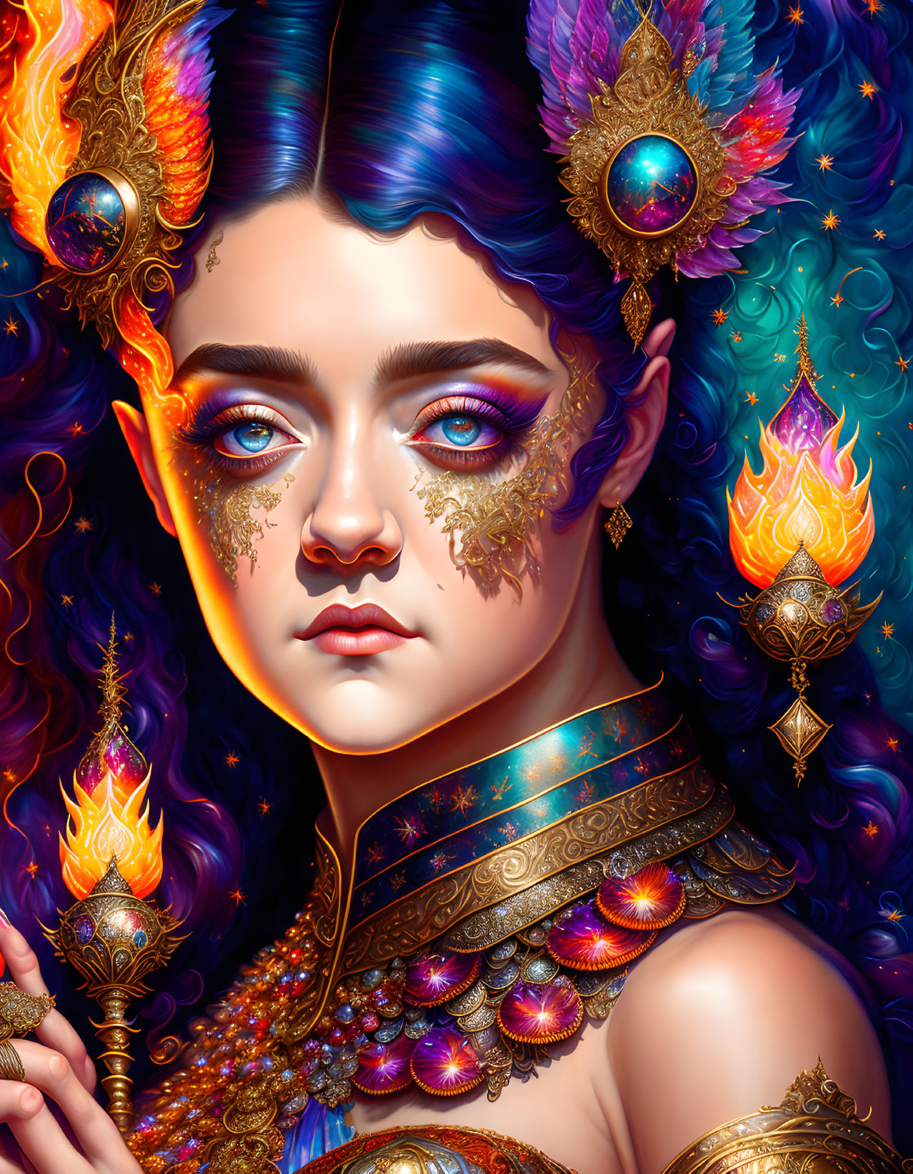 Fantasy portrait: Woman with blue hair, gold adornments, surrounded by flames
