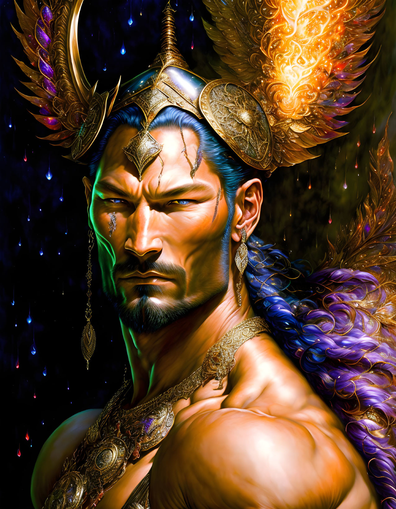 Fantasy figure with elaborate headgear and glowing wings in vibrant digital artwork