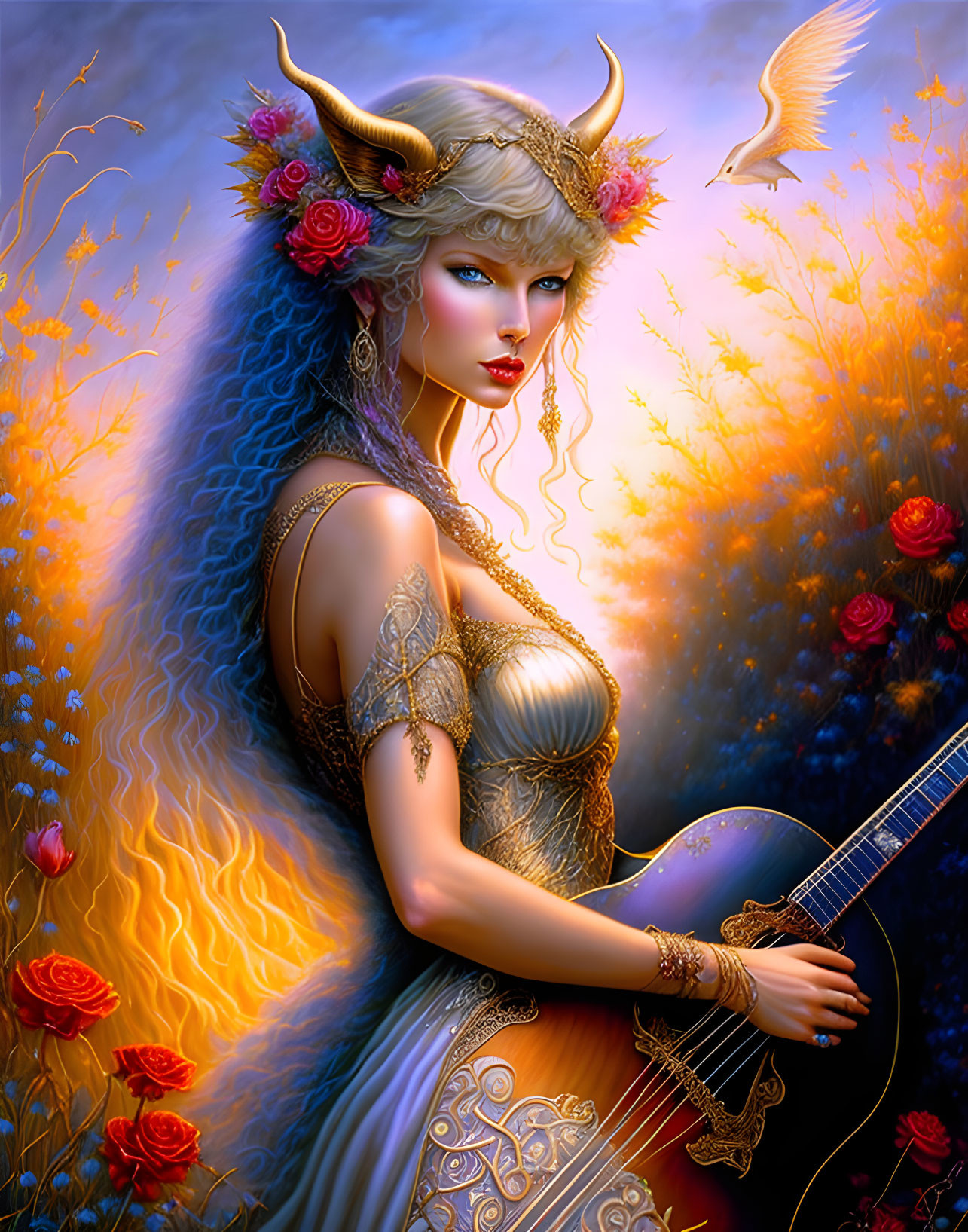 Fantasy illustration of horned woman with lute in golden light and roses.