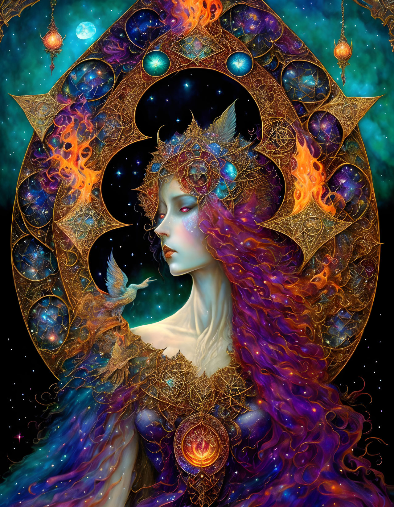 Fantastical portrait of woman with red hair and bird in celestial setting