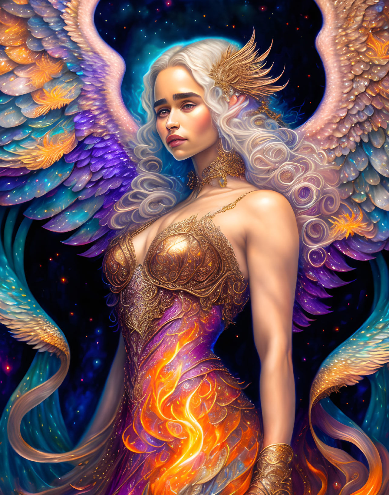 Fantasy illustration of woman in golden armor with silver hair and fiery wings on starry backdrop