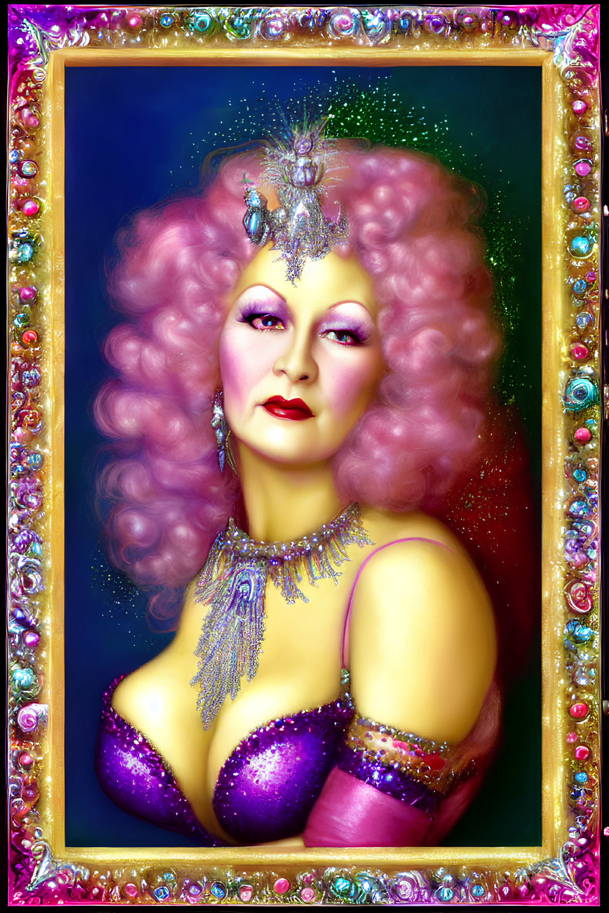 Colorful Portrait of Figure with Pink Hair and Ornate Headdress