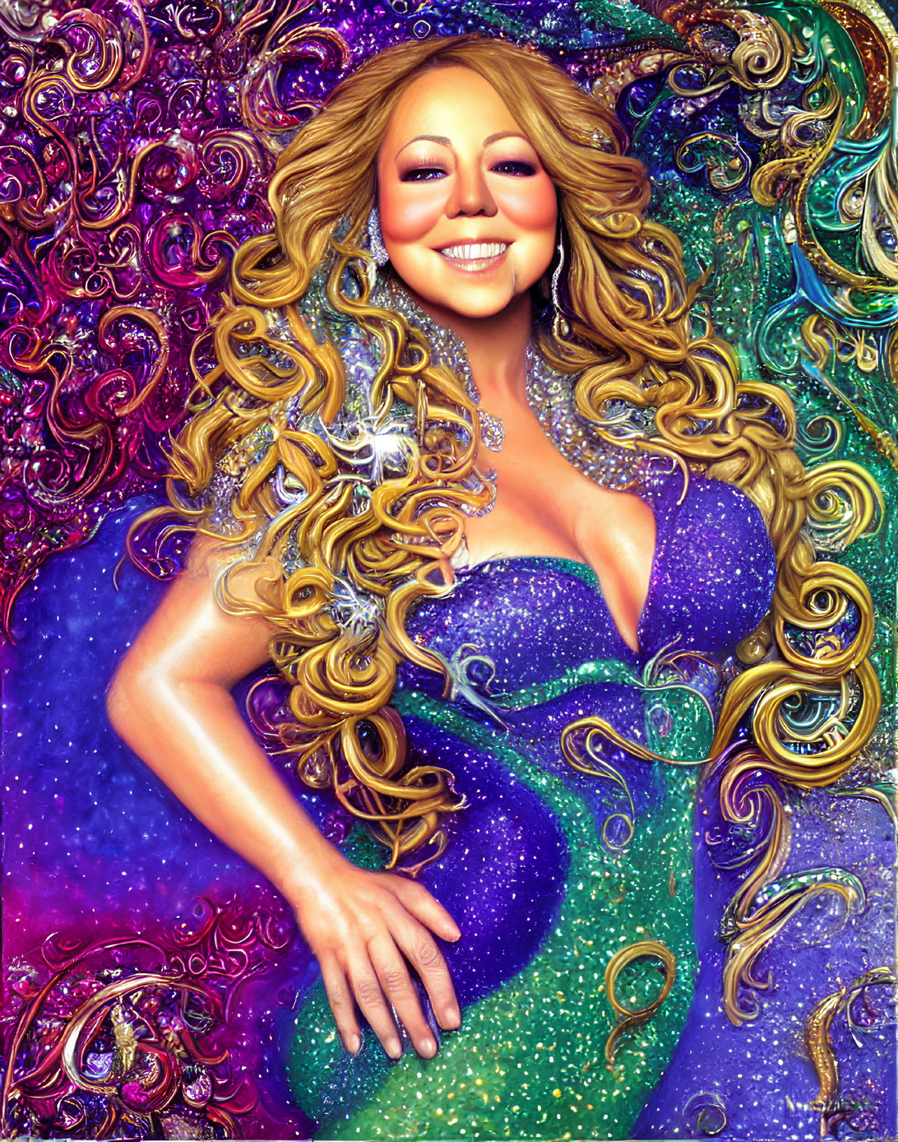 Colorful Portrait of Smiling Woman in Glittery Blue Dress